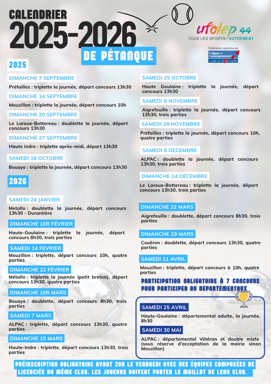 Calendrier pétanque